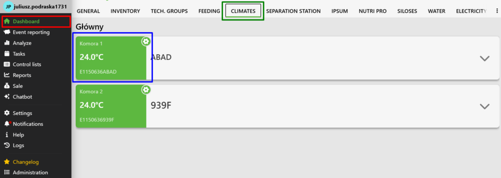 A view of the "Klimaty" panel on the Fetura CLOUD platform. "Dashboard" is selected in the left-hand menu. In the Dashboard section of the navigation bar, the "Klimaty" tab is selected. Below is a list of sensors, with status information for one of the sensors highlighted.   