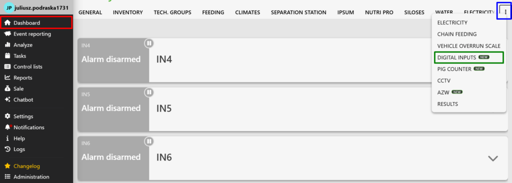 View of the digital inputs panel on the Fetura CLOUD platform. "Dashboard" is selected in the left-hand menu. In the Dashboard section of the navigation bar, the three dots on the far right are highlighted. Clicking the three dots displays additional tabs. The "Digital Inputs" tab is selected.    