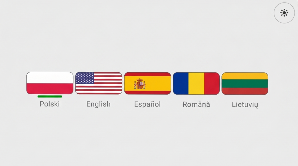 The initial setup screen is used to select the device's interface language. The user must tap the tile with the flag corresponding to the language in which they want to operate the device (e.g., the Polish flag for the Polish language). The selected language is highlighted in green.  