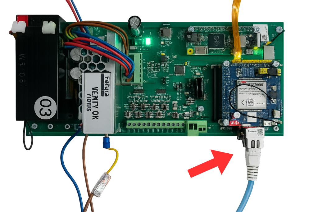 FarmWatch Pro control unit board with a red arrow pointing to the LAN cable connector used for the ETH network connection.