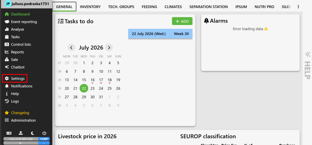 Desktop view of the main Fetura CLOUD web application dashboard. To open the system-wide settings, the user must locate the "Settings" tab in the black left-side menu, next to the gear icon, and click it. This element is highlighted with a red frame in the screenshot.  