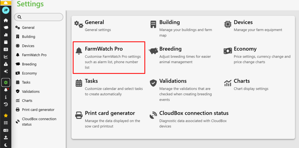 Full-screen view of the "Settings" tab in the desktop application. The interface displays a grid of tiles representing different configuration modules. The user must find and click the "FarmWatch Pro" tile (highlighted with a red frame and a bell icon) to access alarm lists and phone number settings.  
