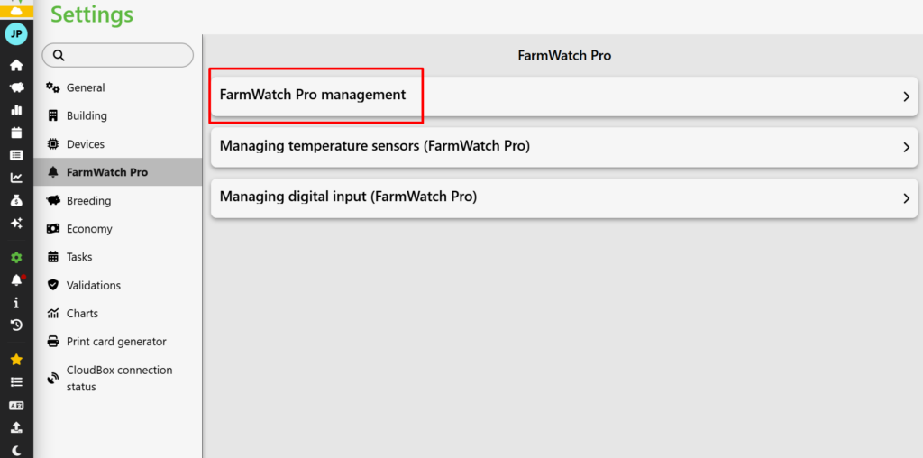 Desktop view of the options menu for the FarmWatch Pro module. To access settings for specific controllers and their assigned alerts, the user must select the first option from the top, the "FarmWatch Pro Management" button, which is additionally highlighted with a red frame.  