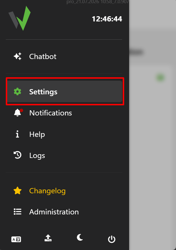 Side panel view of the main menu. To open system configuration options, the user must click the "Settings" tab (gear icon), which is highlighted with a red frame in the screenshot. 