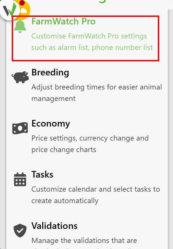 Main settings screen containing a grid of tiles representing different categories. The user must find and click the "FarmWatch Pro" tile (highlighted with a red frame), which provides access to alarm list and phone number configuration. 