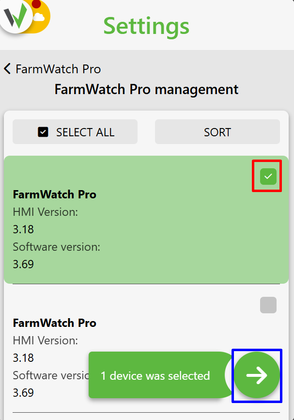Device selection screen. The user must first select the appropriate FarmWatch PRO module from the list (Step 1, indicated by an arrow), which highlights the selected item in green. Then continue by clicking the green circular button with an arrow ("1 device selected") located in the bottom-right corner (Step 2).  