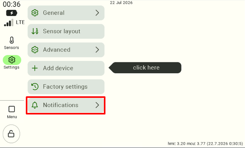 Control panel settings menu. To manage alerts, the user must select the "Notifications" tab (bell icon), highlighted with a red frame. 