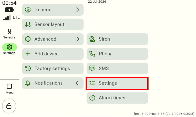 Expanded "Notifications" submenu. The user must click the "Settings" option with the list icon, highlighted with a red frame, to access detailed alert delivery configuration. 