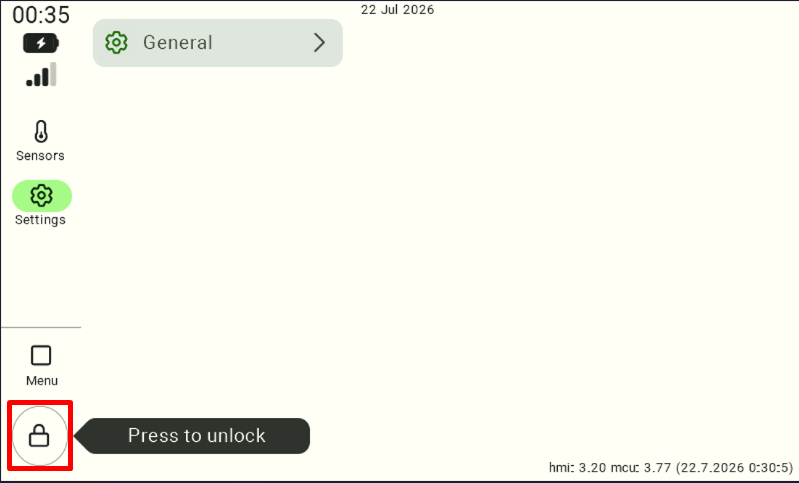 Main application screen showing sensor reading tiles. To start unlocking access to settings, the user must click the lock icon located in the bottom-left corner of the screen, which is highlighted with a red frame in the screenshot. 
