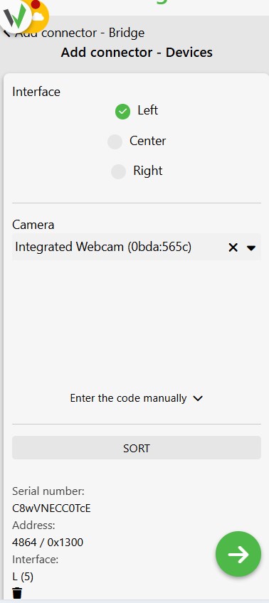 Add connector devices screen with the Left interface option selected and the scanned connector's serial number and address shown below.