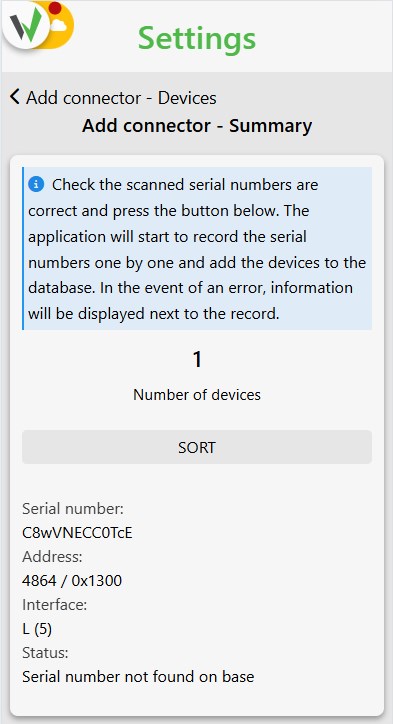 Add connector summary screen showing the scanned connector's serial number, address and interface before saving.
