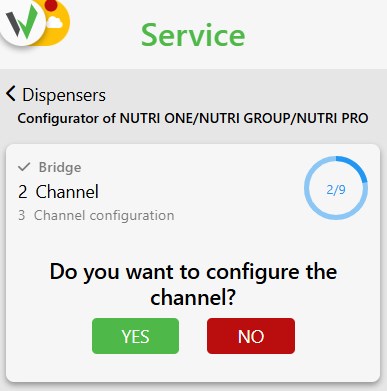 Nutri One/Nutri Group/Nutri Pro configurator step 2 Channel, asking Do you want to configure the channel with Yes and No buttons.