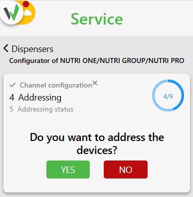 Nutri One/Nutri Group/Nutri Pro configurator step 4 Addressing, asking Do you want to address the devices with Yes and No buttons.