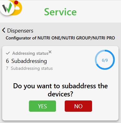 Nutri One/Nutri Group/Nutri Pro configurator step 6 Subaddressing, asking Do you want to subaddress the devices with Yes and No buttons.