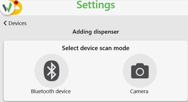 Adding dispenser screen with the device scan mode selection, offering Bluetooth device or Camera as scanning options.