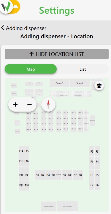 Adding dispenser location screen showing the farm map with chambers and stations, used to select where the dispenser will be assigned.