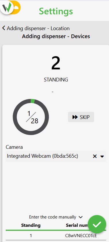 Adding dispenser devices screen with the camera scan view active and a progress counter showing standing 1 of 28 being scanned.