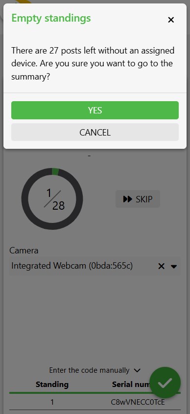 Empty standings confirmation dialog warning that 27 posts are left without an assigned device, with Yes and Cancel buttons.