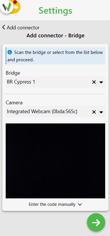 Add connector Bridge screen with a bridge selected from the list and a live camera view for scanning the connector's QR code.