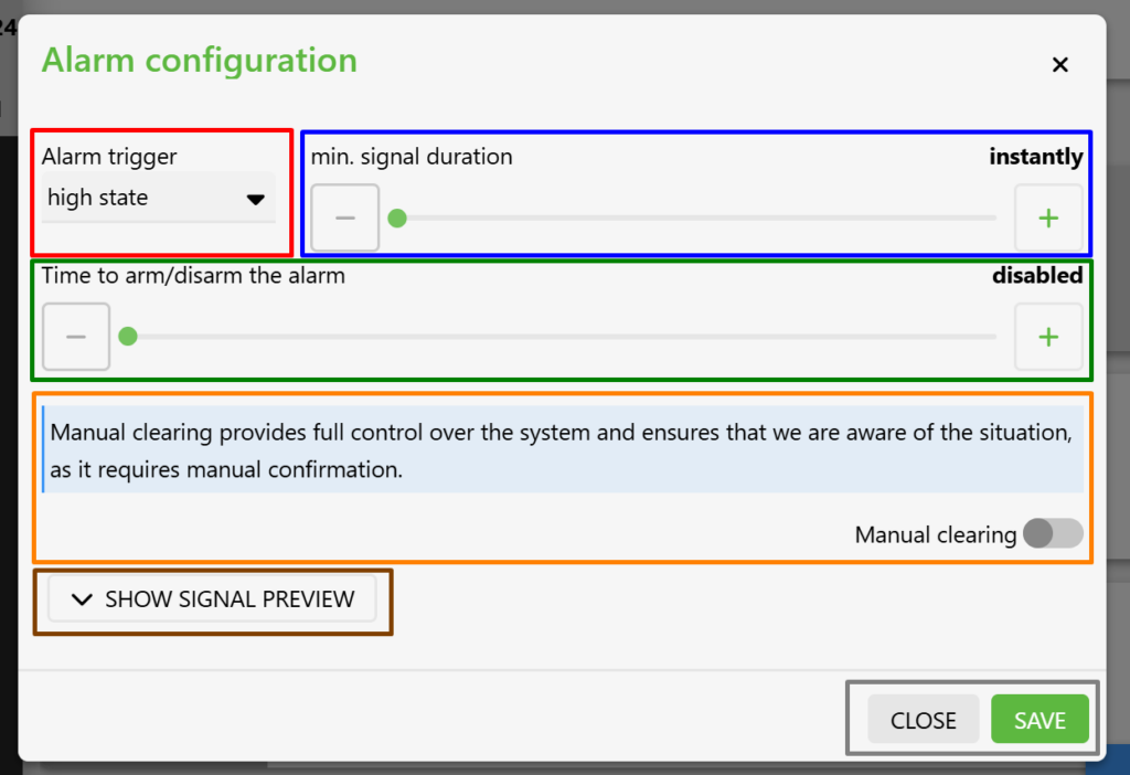 Screenshot of the "DIGITAL INPUTS" tab on the Fetura CLOUD platform. The screenshot shows the alarm configuration panel, which includes:
Alarm trigger (highlighted in red),Minimum signal duration (highlighted in blue),Alarm delay (highlighted in green),Alarm reset type (highlighted in orange),Signal preview (highlighted in brown),The "Cancel" and "Save Changes" buttons (highlighted in gray).