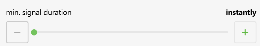 The photo shows the "Minimum Signal Duration" section in the alarm configuration panel.