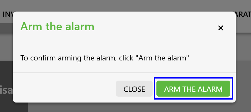 Screenshot of the "DIGITAL INPUTS" tab on the Fetura CLOUD platform. The screenshot shows the alarm arming confirmation panel, with the "Arm Alarm" confirmation button selected.