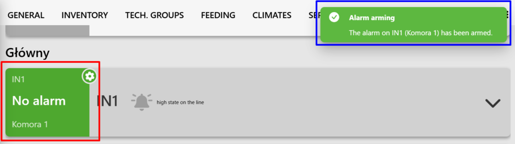 A screenshot of the "DIGITAL INPUTS" tab on the Fetura CLOUD platform. The screenshot shows the IN1 input panel and the alarm arming confirmation panel.