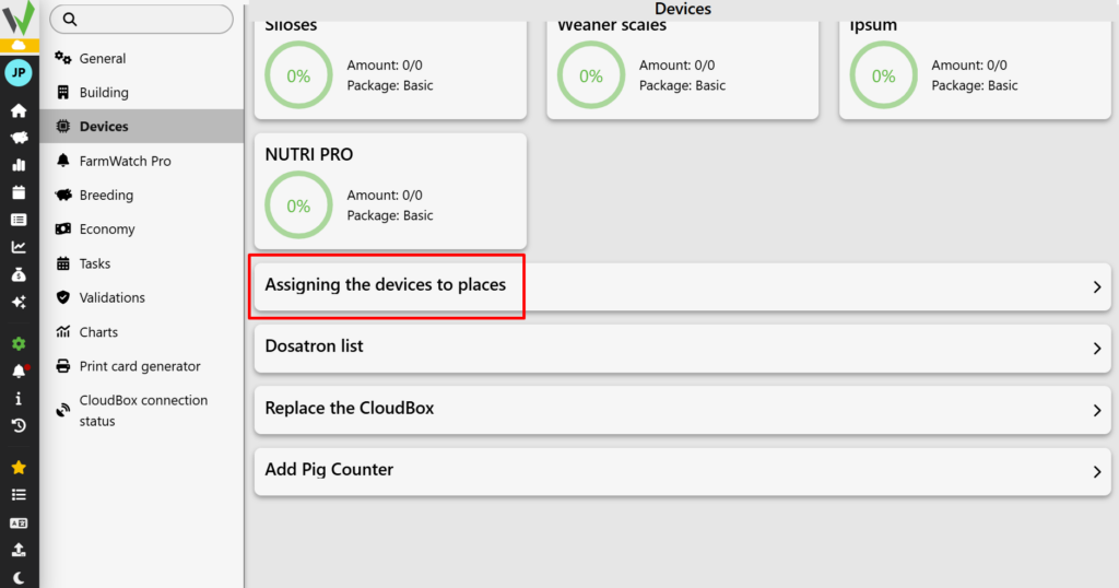 Screen displaying a list of options in the "Devices" module. To associate a piece of equipment with a specific location on the farm, the user must select and click the first item on the displayed list—the “Assign Devices to Locations” tab—as indicated by the red arrow in the instructions. 