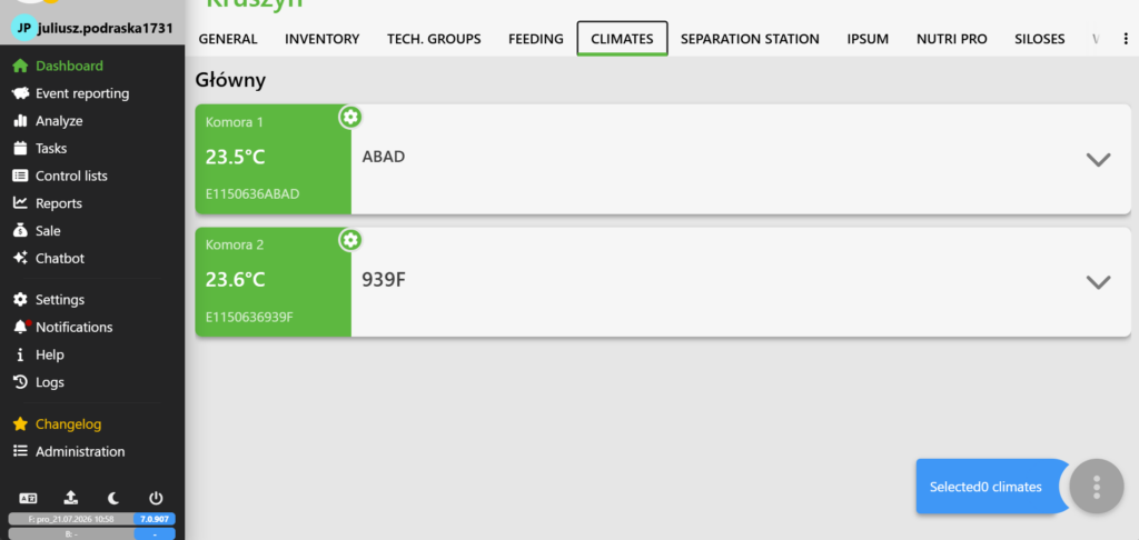 Main view of the app in the "ENVIRONMENTS" tab from the top menu. The screen displays large tiles representing previously assigned locations and their associated sensors (here, the "Mating" and "Birthing" sections). The left side of each tile has a green background and displays the current temperature, which ultimately verifies that the equipment is functioning properly and communicating with the cloud.  