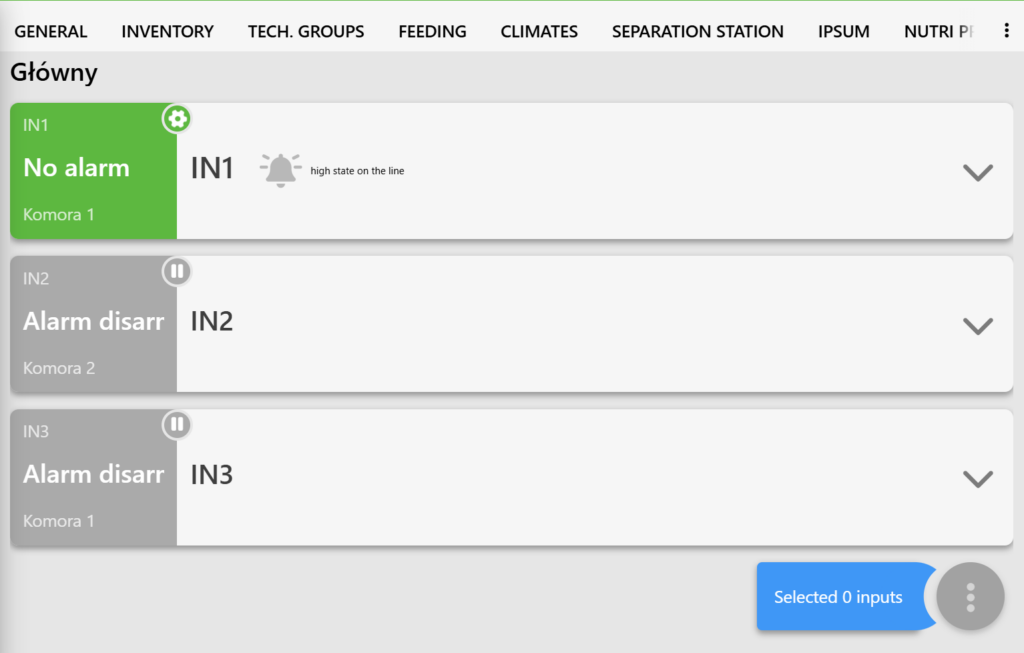 Screenshot of the "DIGITAL INPUTS" tab on the Fetura CLOUD platform. The screenshot shows:
At the top—the navigation bar,
In the middle—digital input management panels (three are visible),
At the bottom—information about the number of selected input panels and three dots.