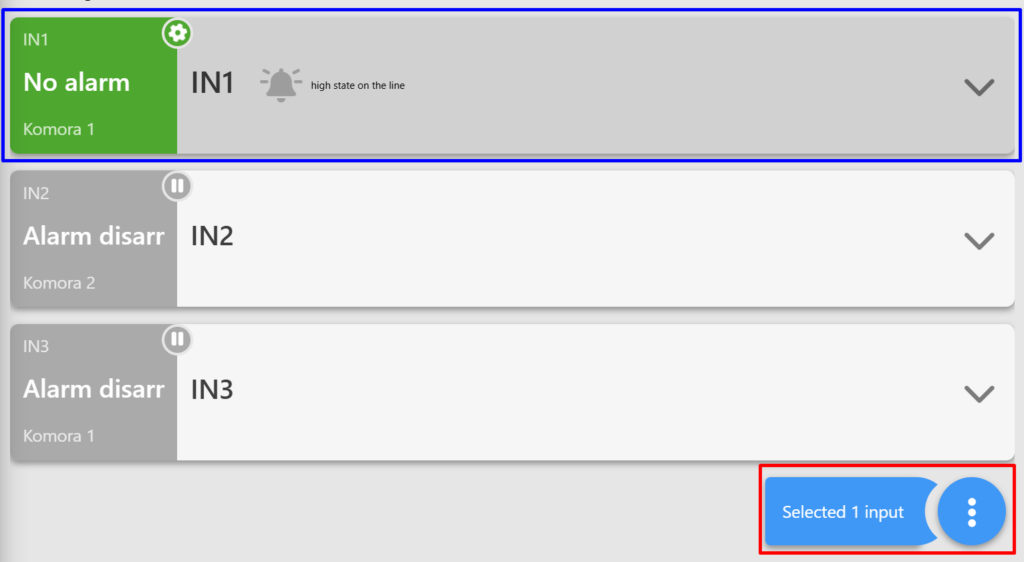 Screenshot of the "DIGITAL INPUTS" tab on the Fetura CLOUD platform. The screenshot shows the IN1 input panel highlighted; when selected, the three dots change color from gray to blue, indicating that the option is available.