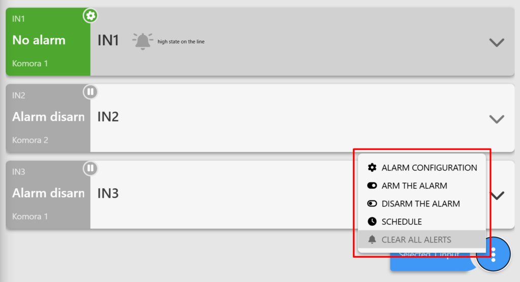 Screenshot of the "DIGITAL INPUTS" tab on the Fetura CLOUD platform. The screenshot shows the tabs displayed after clicking the three dots; the available settings are:
Alarm Configuration,
Arm Alarm,
Disarm Alarm,
Schedule,
Clear Alarms (grayed out).