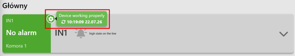 A screenshot of the "DIGITAL INPUTS" tab on the Fetura CLOUD platform. The screenshot shows the IN1 input panel with the cursor hovering over the gear icon, which displays a small input status panel.