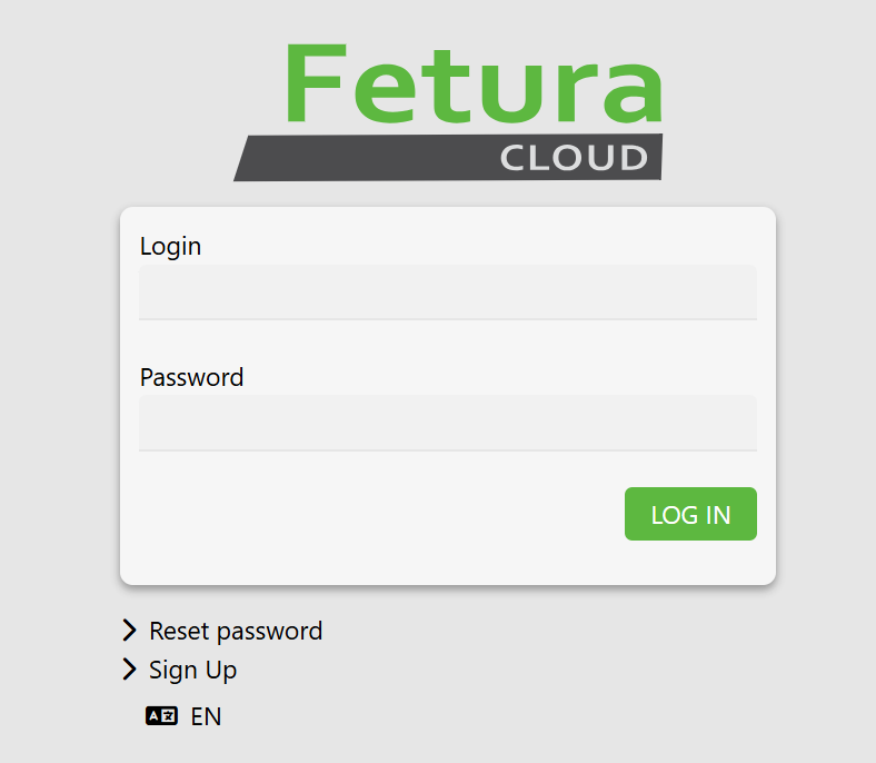 The login screen for the Fetura Cloud web platform. The user must enter their username in the "Login" field and their password in the "Password" field, and then click the large green "LOG IN" button to access the system. 