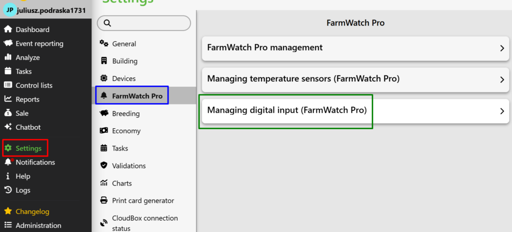 A screenshot of the settings panel on the Fetura CLOUD platform. The screenshot highlights the icon labeled "Settings" on the side navigation bar. In the "Settings" section, there is a vertical navigation bar to the right of the main bar with the "FarmWatch Pro" tab highlighted. This section contains three options: “FarmWatch Pro Management,” “Temperature Sensor Management (FarmWatch Pro),” and “Digital Input Management (FarmWatch Pro).” The last option is selected.