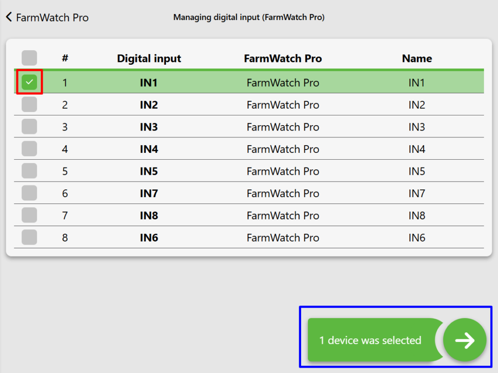 Screenshot of the digital input management interface on the Fetura CLOUD platform. The screenshot shows the digital input management panel. The entire interface is presented in a table with the following formatting:
checkbox; Sequence number); Input number (IN1-IN8); FarmWatch name; Input name. At the very bottom, outside the table, there is information about the number of selected inputs and an arrow to navigate to the settings.