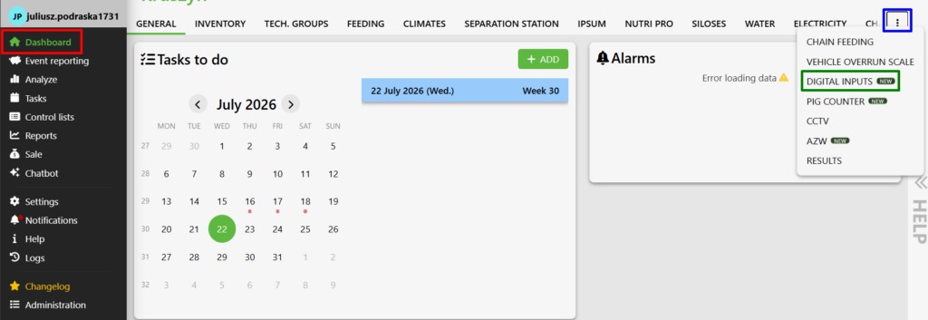 A screenshot of the main panel on the Fetura CLOUD platform. The screenshot highlights the icon labeled "Dashboard" on the side navigation bar. In the "Dashboard" section, there is a horizontal navigation bar with three dots highlighted, which display the remaining tabs. Among the remaining tabs, the "DIGITAL INPUTS" tab is highlighted.