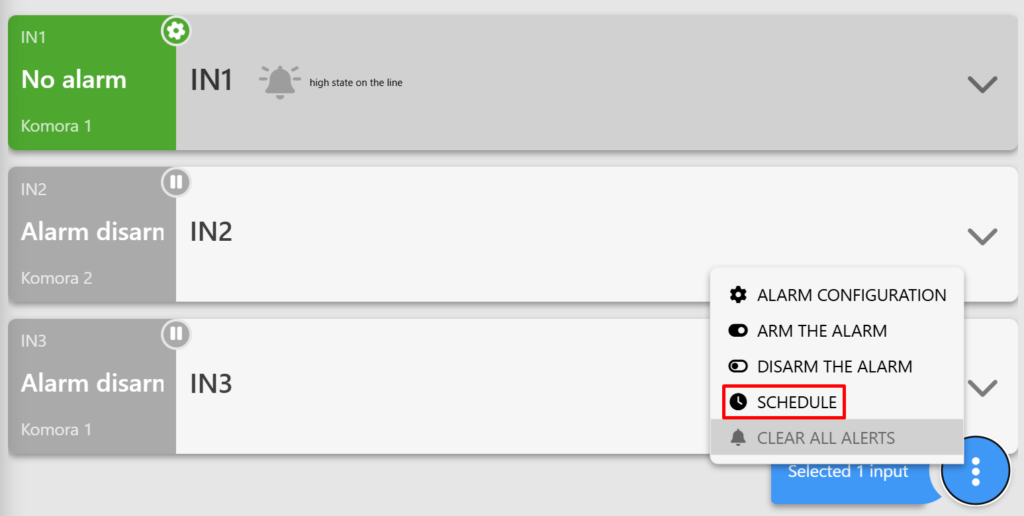Screenshot of the "DIGITAL INPUTS" tab on the Fetura CLOUD platform. The screenshot shows the digital input panels, with the tabs visible after clicking the three dots. The "Schedule" option is selected.