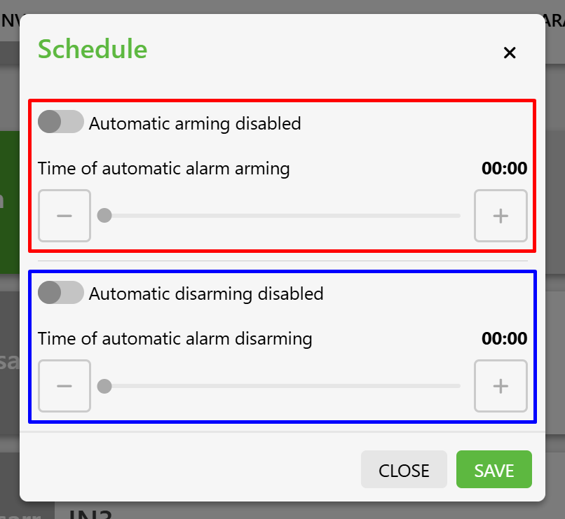 A screenshot of the "DIGITAL INPUTS" tab on the Fetura CLOUD platform. The screenshot shows the schedule confirmation panel, with the automatic arming and automatic disarming sections highlighted. Both sections have a toggle switch to enable the feature (they are turned off in the screenshot) and a slider with “+” and “-” buttons on either side. Above the "+" symbol, you can see the set time (in the screenshot, the time is 00:00, and the slider ball is set all the way to the left). At the very bottom are the CLOSE and SAVE buttons (Close is gray, and Save is green).