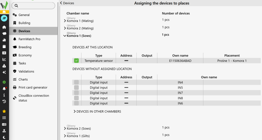 The assignment screen with a successfully added device. Once the user selects the checkbox (green square) next to the selected device, that sensor automatically disappears from the bottom table and is moved to the top section labeled "DEVICES IN THIS LOCATION." This confirms that the sensor has been successfully integrated with the chamber.  