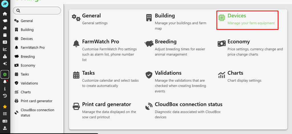 A full-screen view of the menu in the "Settings" tab. The interface consists of tiles representing various modules. The user must click the tile labeled "Devices" (with a green integrated circuit icon), as clearly indicated by the red arrow shown here.  