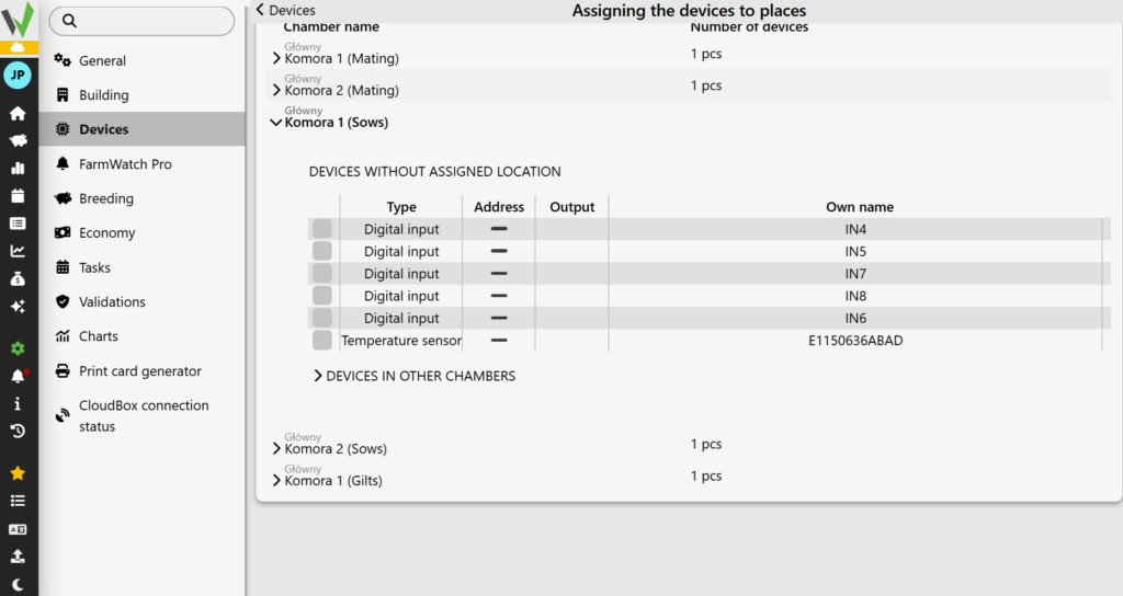 Expanded details view for the selected chamber, for example, the "Coverage" section. In the table at the bottom under the heading "DEVICES WITHOUT AN ASSIGNED LOCATION," the system displays a list of available, unused sensors (e.g., temperature sensors or digital inputs) that are waiting to be configured. The user must locate their device there.  
