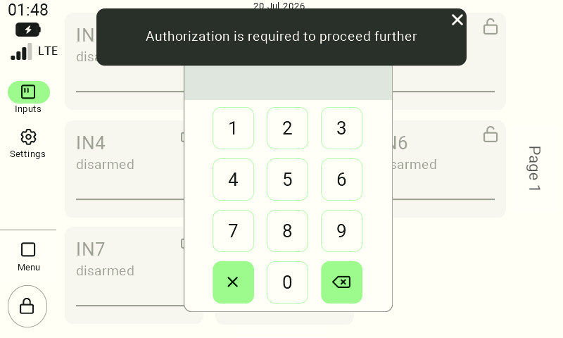 Screenshot of the PIN entry keypad shown when opening an input's settings; the default PIN is 0000.