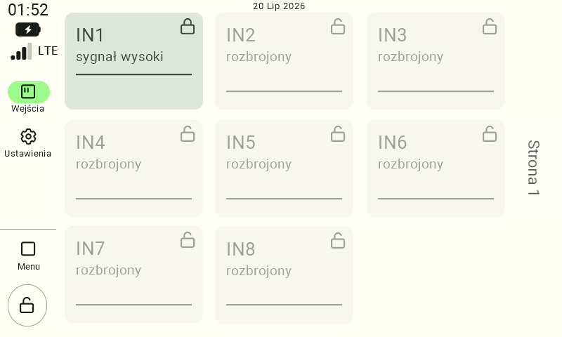 Widok pulpitu z uzbrojonym wejściem IN1. Kafel wskazuje teraz komunikat "sygnał wysoki" (np. po fizycznym zamknięciu obwodu przez podłączony czujnik). Pasek pozostaje szary, co oznacza, że taki stan wejścia jest akceptowalny i nie wywołuje powiadomień.
