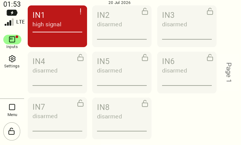 Screenshot of input IN1 shown on a red background with status 'high signal', indicating the armed high-signal alarm is currently active/triggered.