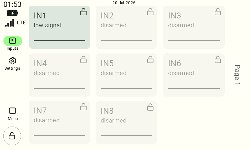 Screenshot of input IN1 showing status 'low signal' on a light background, indicating the alarm is armed with a low-signal trigger but currently inactive.