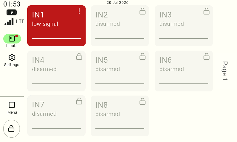 Screenshot of input IN1 shown on a red background with status 'low signal', indicating the armed low-signal alarm is currently active/triggered.