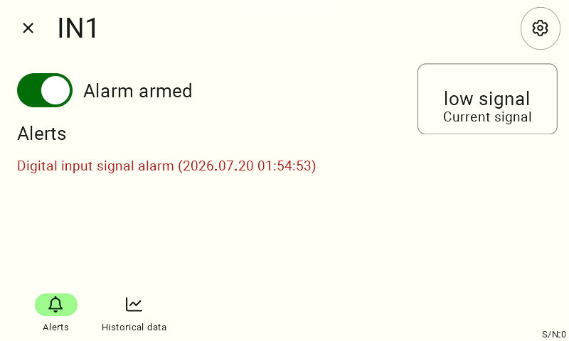 Screenshot of the IN1 detail panel with the alarm toggle switched on (green, 'Alarm armed') and an active digital input signal alarm listed below.