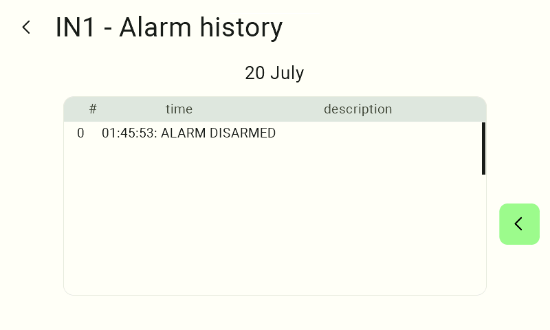 Screenshot of the IN1 alarm history table listing recorded events with time and description, for example '01:45:53: ALARM DISARMED'.