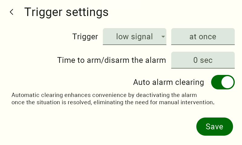 Screenshot of the Trigger settings screen with 'Auto alarm clearing' switched on (green) and the Save button, illustrating automatic alarm reset once the trigger condition clears.